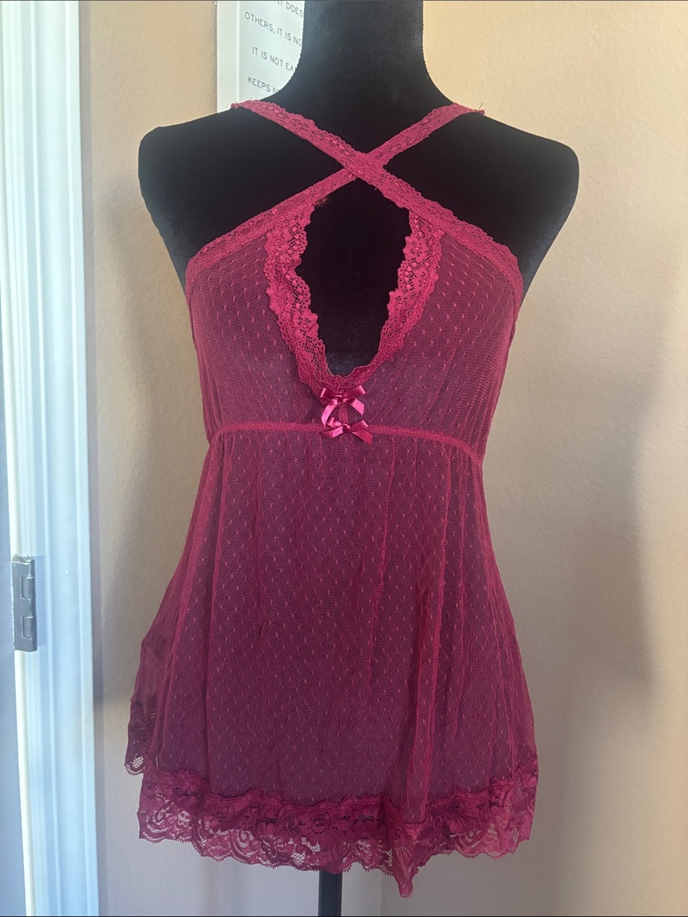 Allure Raspberry Lace Halter Chemise with Crisscross Straps